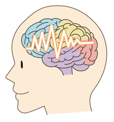 横向きの顔に脳と脳波がシンプルに表現されたイラスト