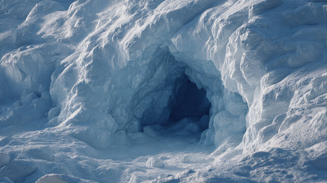 A mystical ice cave entrance illuminated by a cold blue glow, blending glacial blue to silver tones in a realistic, hyper-detailed scene. The image evokes exploration, mystery, and natural wonder, mak