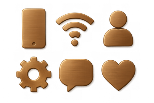 Wooden 3d social media and technology icons set. Messaging, liking, connecting, customizing, and sharing concepts - Powered by Adobe