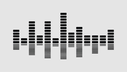 Black audio equalizer bars graphic on a light gray background with varying heights sound wave music