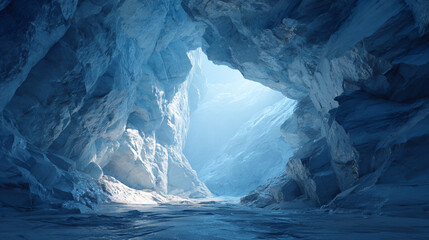 A mystical ice cave entrance illuminated by a cold blue glow, blending glacial blue to silver tones in a realistic, hyper-detailed scene. The image evokes exploration, mystery, and natural wonder, mak