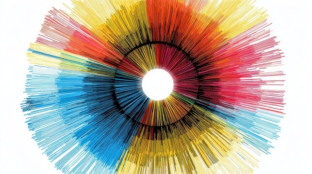 A bold sunburst chart clipart, data visualization element, radial layout, bright primary colors, isolated on white background.