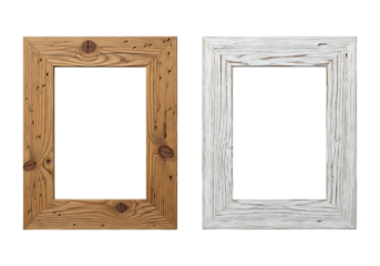Two rustic wooden picture frames one natural and one white isolated on transparent background