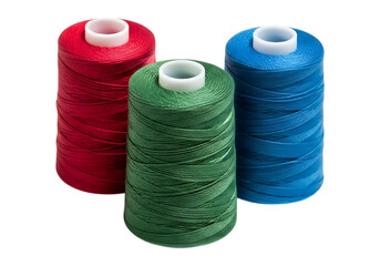 Three spools of colorful thread isolated on transparent background