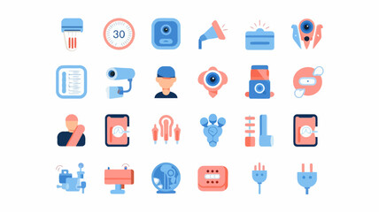 Diverse set of smart technology icons, including security cameras, timers, and user profiles, presented on a