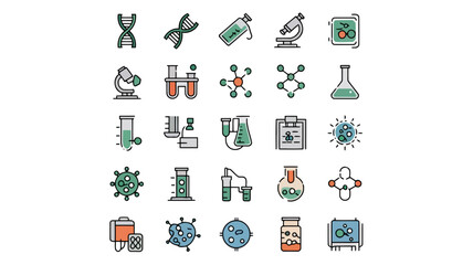 Collection of science and medical icons, including dna, microscopes, test tubes, and viruses
