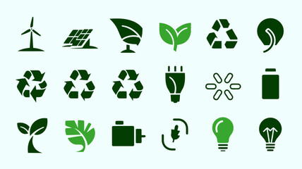 Diverse set of green ecofriendly icons including wind turbines, solar panels, leaves, recycling symbols, and light bulbs, symbolizing sustainability and renewable energy
