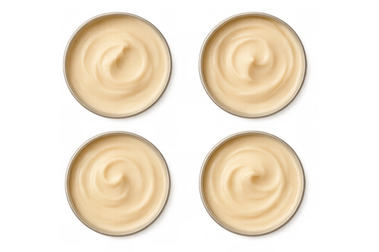 Cosmetic cream jars set with textured swirls, clear glass moisturizer packaging, top view on transparent background