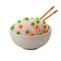 Bowl of white rice topped with peas and wooden chopsticks, simple culinary presentation, isolated on transparent background