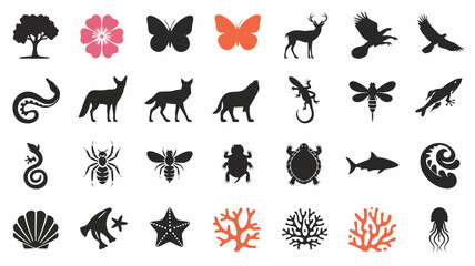 Diverse collection of animal and nature silhouettes, featuring a tree, flower, butterfly, deer, eagle, snake, fox, wolf, lizard, dragonfly, shark, shell, starfish, coral, and jellyfish