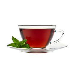 Glass teacup filled with dark red tea and fresh mint leaves, elegant and refreshing mood, isolated on transparent background