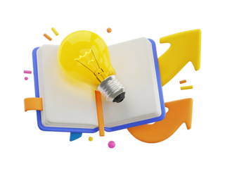 3d minimal self-development concept. Self-learning concept. Reading a book to get a new idea. Knowledge seeking. Textbook with a light bulb. 3d rendering illustration.
