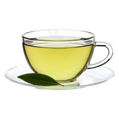 Glass teacup filled with light green tea and a single leaf, elegant and serene mood, isolated on transparent background