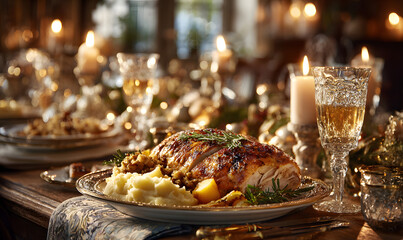 christmas dinner and eating concept - food and drinks on table at home