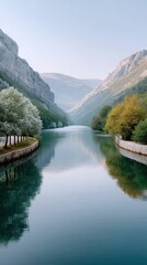 Fototapeta premium Serene turquoise river flowing through a majestic canyon with lush green trees on the banks under a clear sky and soft sunlight creating a tranquil landscape reflection