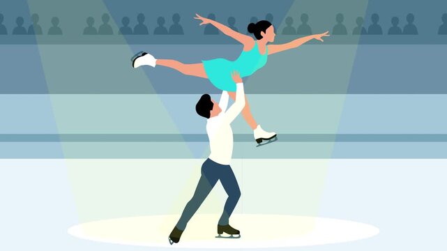Animated illustration of a figure skating pair performing a lift move under spotlight in an ice arena during the Winter Olympics.