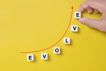 Dice on yellow background with word EVOLVE and copy space for your text