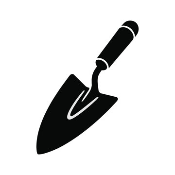 Black silhouette of a garden trowel with a curved handle and pointed blade on a white background garden tool
