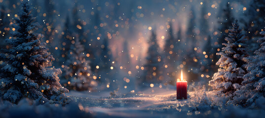 Christmas Background - Red Candle in winter snow landscape background - Blank greeting card with magic golden bokeh lights with copy space for your Xmas Advent greeting card or advertisement, Panorama