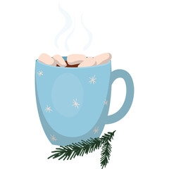 Blue Ceramic Mug Filled With Hot Chocolate Topped With Marshmallows And A Pine Sprig On A Transparent Background