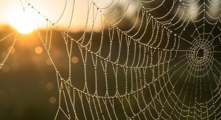 Morning Dew on Spiderweb at Sunrise Macro Web with Water Droplets Nature Pattern