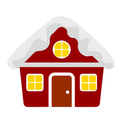 Christmas village house with snow roof icon, cozy winter home illustration, festive holiday scene symbol for joyful seasonal celebration and warmth
