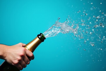 Celebration champagne bottle popping open with splashing water on a blue background studio shot