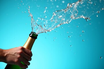 Champagne bottle popping celebration splash water explosion sparkling wine festive drink party event bubbly 100