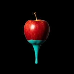 Red apple dripping turquoise paint on black background creative food photography still life fruit art