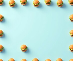Delicious burger frame on light blue background perfect for food blog or restaurant menu design layout
