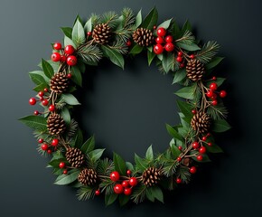 Beautiful christmas wreath with pine cones and red berries for holiday decoration and festive season