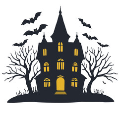 Haunted castle with bats Halloween illustration, a spooky haunted castle with flying bats and eerie haunted castle atmosphere for Halloween art.