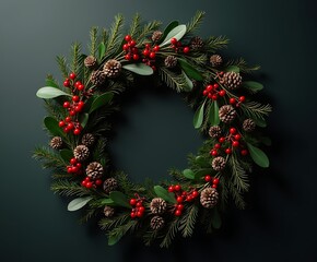 Festive christmas wreath with pine cones and red berries on dark green background holiday decoration