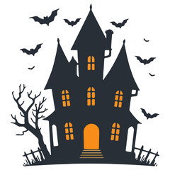 Haunted castle with bats Halloween illustration, a spooky haunted castle with flying bats and eerie haunted castle atmosphere for Halloween art.