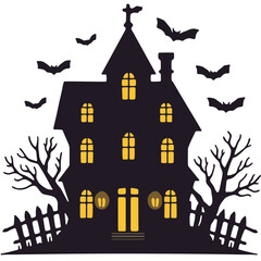 Haunted castle with bats Halloween illustration, a spooky haunted castle with flying bats and eerie haunted castle atmosphere for Halloween art.