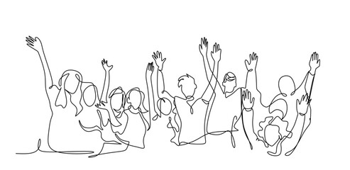 Cheerful crowd cheering illustration. Hands up. Group of applause people continuous one line vector drawing
