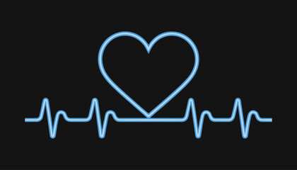 Blue neon heart symbol superimposed on a electrocardiogram line on black background.