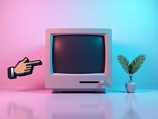 Retro computer aesthetic vintage pc setup with cursor and palm for nostalgic design and vaporwave theme