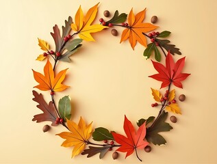 Fall foliage wreath autumn leaves circle frame background seasonal decoration thanksgiving day concept