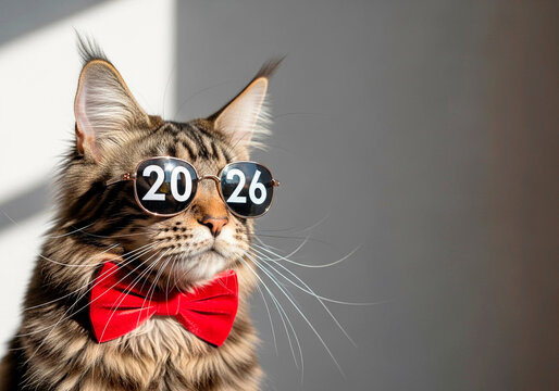 A cat wearing glasses with the number 2026 and a red tie is a symbol of the New Year without clich&eacute;s.