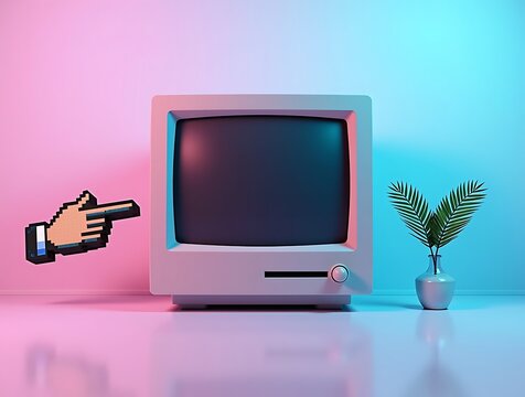 Retro computer aesthetic vintage pc setup with cursor and palm for nostalgic design and vaporwave theme