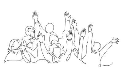 Cheerful crowd cheering illustration. Hands up. Group of applause people continuous one line vector drawing