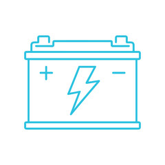 Cyan outline car battery icon with lightning bolt symbol and plus minus signs power energy isolated white background,