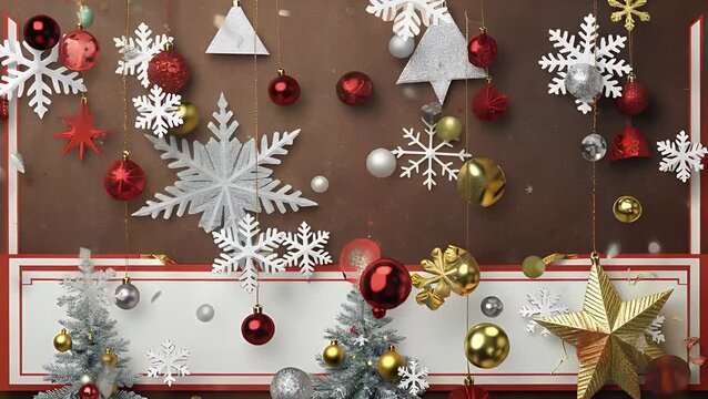 Contemporary  and stylized holiday greeting card design featuring abstract patterns  geometric snowflake motifs  and decorative baubles in a modern retro