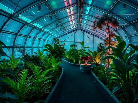 A curving pathway cuts through a lush botanical garden within a futuristic greenhouse. Striking cyan and magenta LED lights illuminate the tropical and jungle plants. - Powered by Adobe