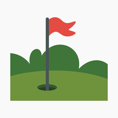 Red golf flag on pole next to hole on green grass with rolling hills background vector illustration.