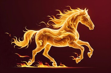 Mythical Golden Horse with Glowing Flames on Red Background, Generative AI