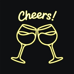 Two yellow neon outline wine glasses clinking with cheers text on black background.
