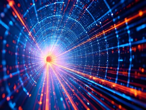 An abstract, high-speed journey through a glowing digital data tunnel. The image features a vibrant vortex of blue and orange light streams, representing a futuristic concept of high-speed networking.