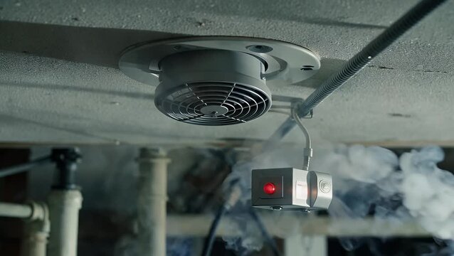 safety device designed to detect combustion particles has activated an audible alert  shown with simulated smoke and an illuminated warning indicator mounted on a ceiling  with a cool color filter